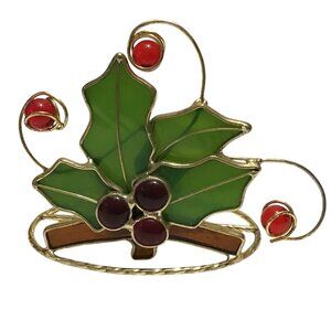 Stained Glass Holly Leaves & Berries Tea Light Votive Candle Holder Christmas